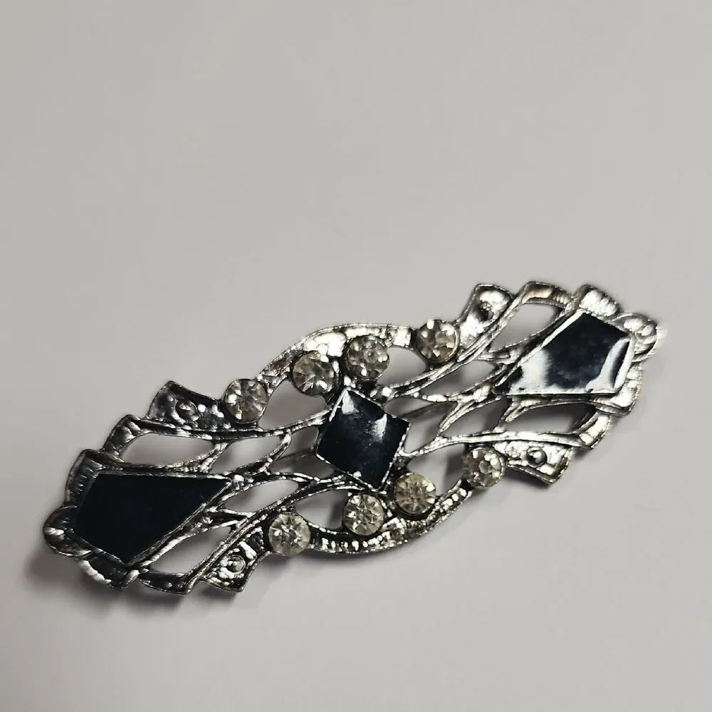 Elegant Black Enamel and Silver Tone Women's Brooch